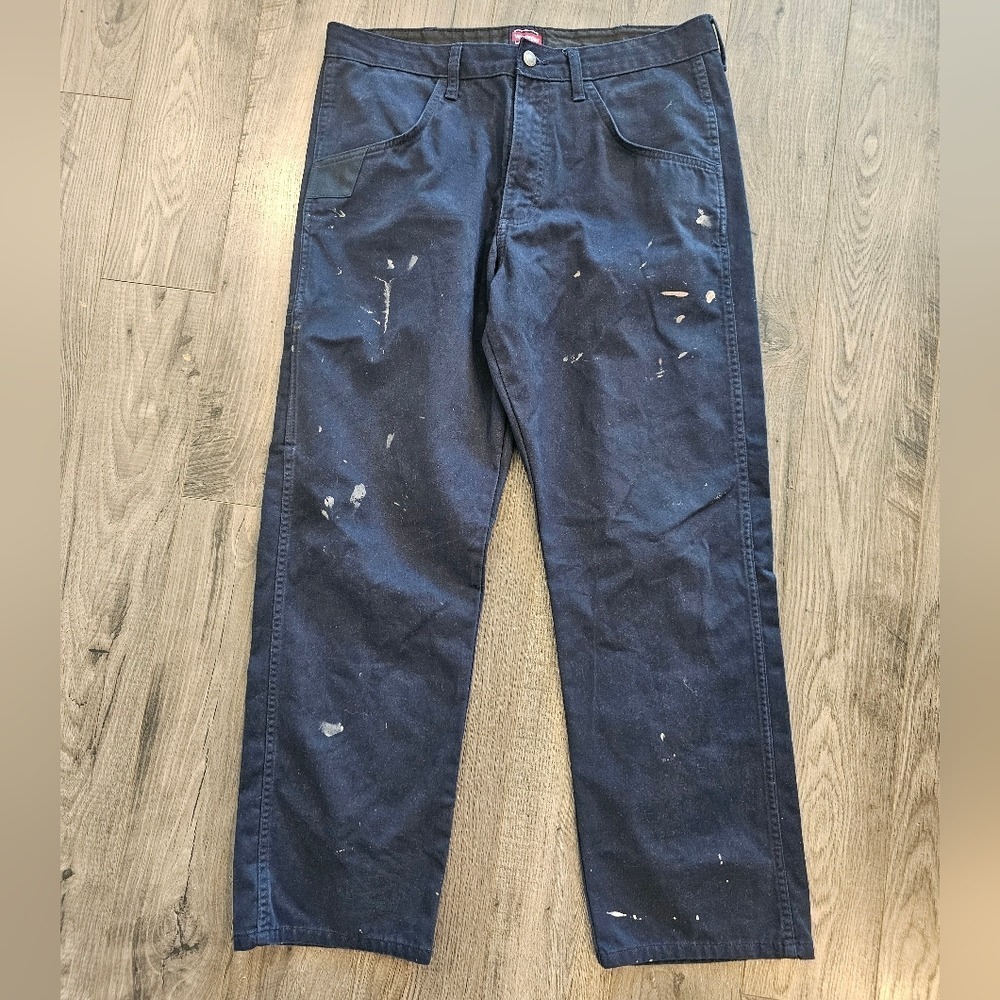 Men's sz38 Wrangler Workwear Paint Distressed Thrashed Navy Chinos‎ Utilitarian